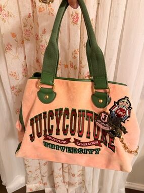 Juicy Couture Peach Tote with Green Trim and Embroidery